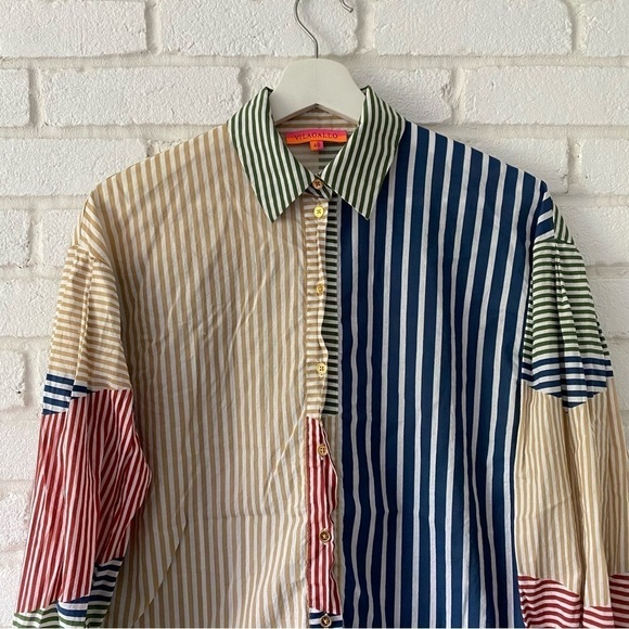 Vilagallo Colorblock Striped Blouse Button Up Shirt Top Collared Women’s Size 40 - Picture 2 of 9